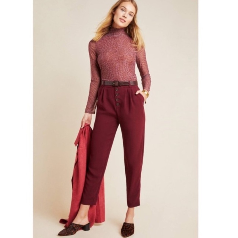 Anthropologie Sasha Crepe High Rise Pleated Straight Ankle Trouser Pant Red 0
